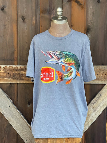 Schmidt Beer Retro Fishing Graphic Tee- Heather grey